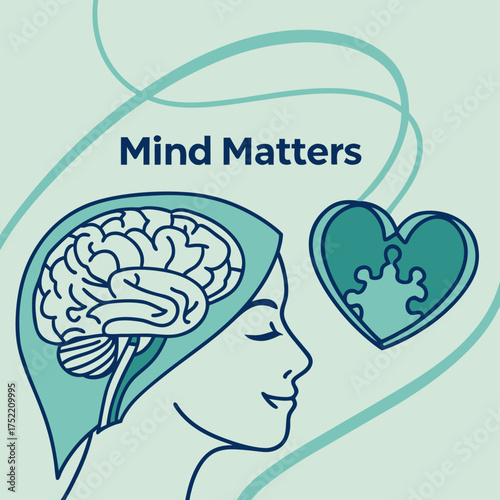 Mind matters concept art illustrating the connection between the human brain and heart with a puzzle piece representing mental health and emotional well being
