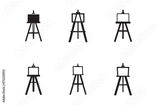 Collection of black and white art easels for painting and drawing on white background studio setup equipment icon design for artists