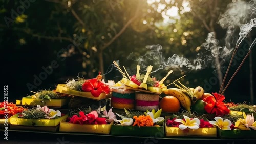 Balinese Offerings: Vibrant Flowers, Incense, and Tropical Fruits.