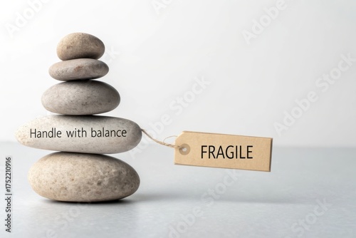 Stacked Pebbles in Balance with a Fragile Tag