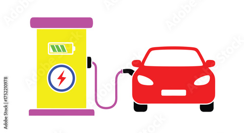Electric car charging at a station in red color illustration