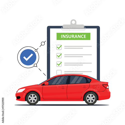 Red car with insurance checklist and approval circle graphic