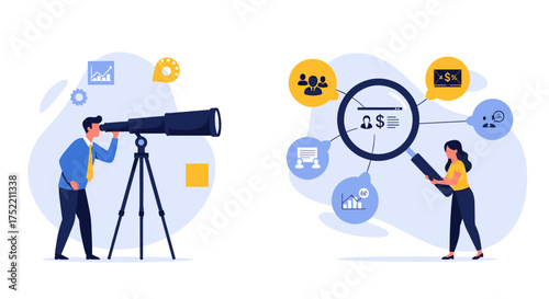 Visionary business leader uses telescope to explore future growth opportunities and strategize with team members using data analysis tools for success.