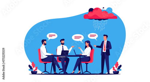 Team brainstorming session under a stormy cloud indicating challenges.