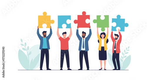 Diverse group of people holding puzzle pieces together to symbolize teamwork and collaboration.