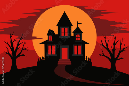 Spooky haunted house silhouetted against a large orange moon on a dark red background