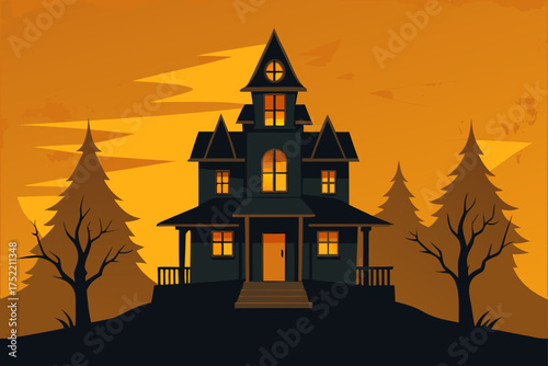 Spooky haunted house on a hill at sunset with bare trees