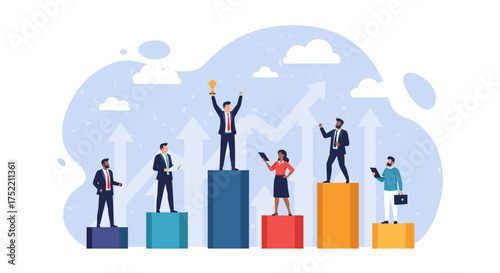 Business professionals celebrate achieving goals with a trophy on a podium as graph arrows indicate growth and success.