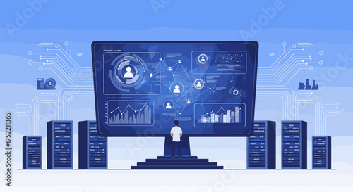 Analyzing complex data on a large digital display surrounded by servers.