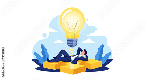 A businessman enjoys a moment of relaxation under a bright idea bulb symbolizing innovation and inspiration.