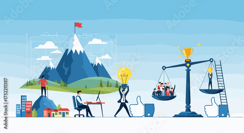 Achieving business success through teamwork innovation and reaching new heights.