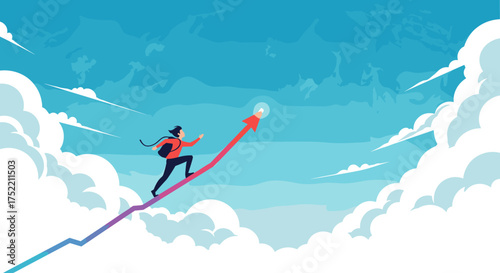 A determined person climbs a red arrow graph towards a bright star in the sky amidst clouds.