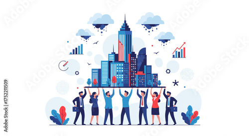 A diverse team of professionals collaboratively supporting a modern cityscape symbolizing shared responsibility and urban development.