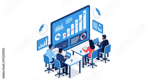 A team of professionals collaborates on data analysis and business strategy development to drive growth.