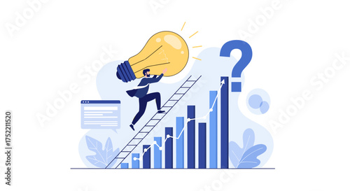 A businessman carries a bright idea up a ladder on a growth chart towards a question mark.