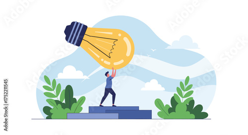Person lifts a giant light bulb symbolizing innovation and creativity on a sunny day.