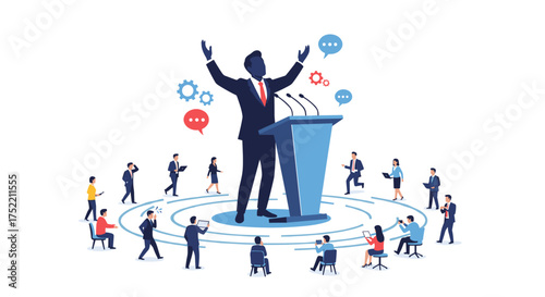 A strong leader standing behind a podium speaking to a diverse group of people in a circular formation.