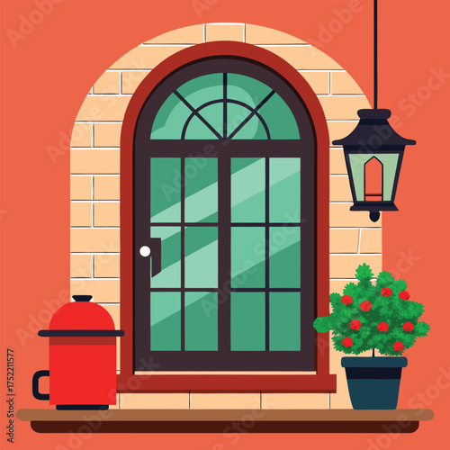 Charming cartoon style illustration of a cozy window scene with vibrant colors and a whimsical feel perfect for design projects