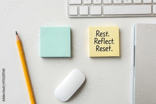 Sticky notes with motivational words on a clean workspace