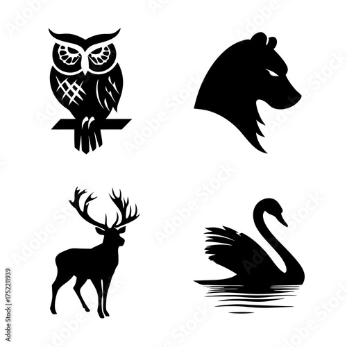 Four different animal silhouettes owl, bear, deer, and swan