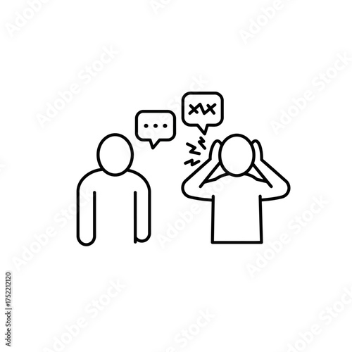 Line icon of a person covering ears during a difficult conversation.