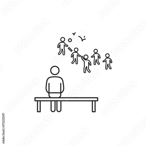 Lonely person sitting on bench watching happy people playing.