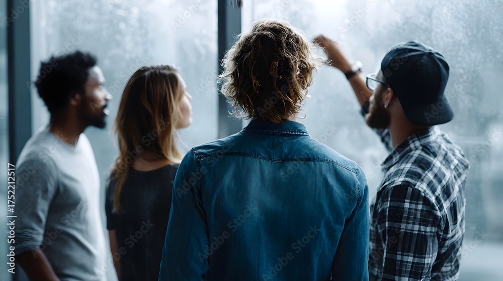 Obraz premium Diverse startup team brainstorming ideas while looking out a large window