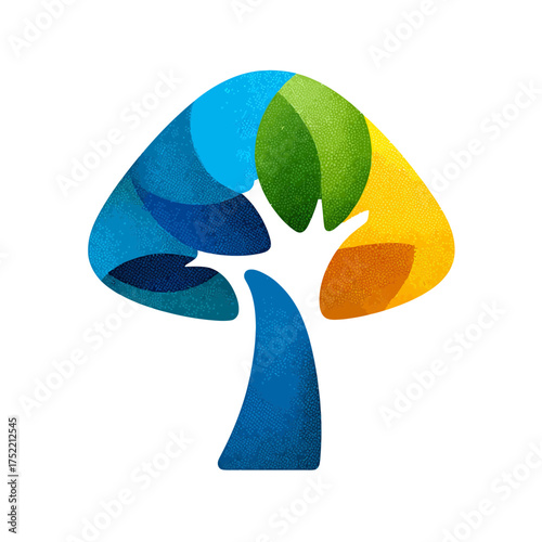 Abstract textured colorful tree icon illustration with vibrant blue, green, and yellow leaves. Graphic element for nature, growth, sustainability, ecology, and environment concepts.