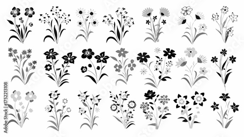 Elegant botanical collection with grayscale floral designs, artistic flower arrangements for invitations and stylish stationery, timeless flower patterns