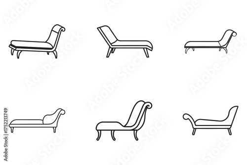 Collection of Elegant Chaise Lounge Designs in Minimalist Outline Style Ideal for Interior Design Projects and Relaxation Concepts