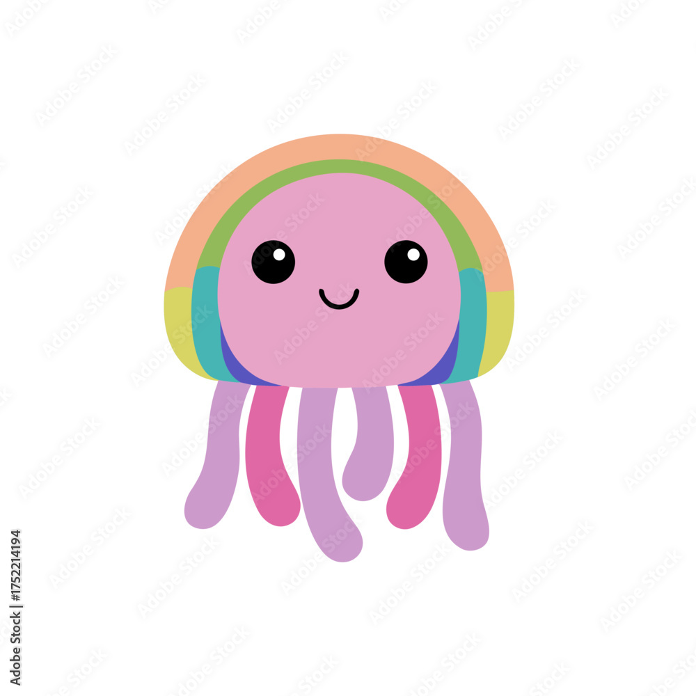 Obraz premium Cute smiling rainbow jellyfish cartoon vector illustration scalable art icon isolated on white background