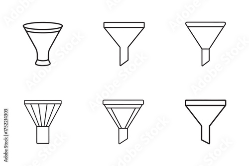 Collection of funnel icons representing filtration processes and concept of sales funnels and data filtering with various designs
