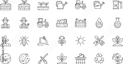 Agriculture, farming, environment, sustainability, plants, soil, irrigation, tractor, farmer, tools, science icons, black and white vector set, outline