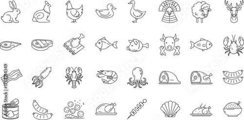 Animals, meat, seafood, poultry, rabbit, hen, duck, fish, lobster, crab, bacon, sausage icons, black and white vector set, outline