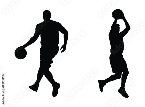 Silhouette of two basketball players one dribbling and one shooting on a white background