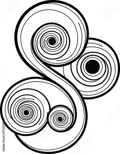 Black and White Swirls, Curlicues Pattern on White Background Circular Abstract