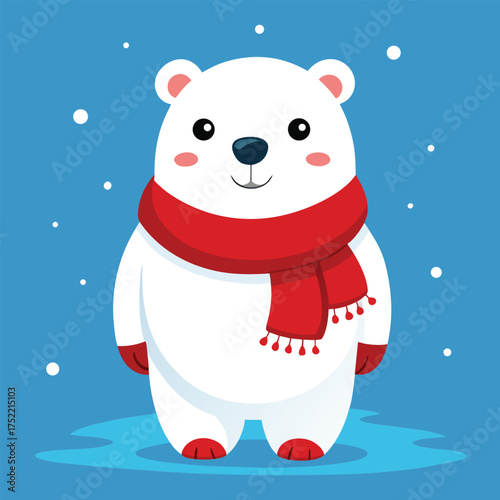Cute polar bear wearing red scarf standing in snow, festive winter Christmas vector illustration for children’s designs, holiday cards, and seasonal artwork.