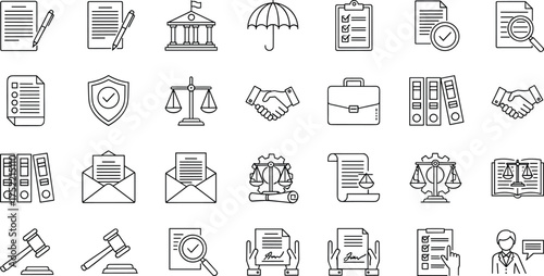 Law, legal, justice, court, document, contract, gavel, scales, lawyer, protection, administration icons, black and white vector set, outline