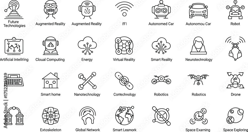 Obraz premium Future technologies, innovation, artificial intelligence, robotics, augmented reality, virtual reality, smart home, drone, nanotechnology icons, black and white vector set, outline