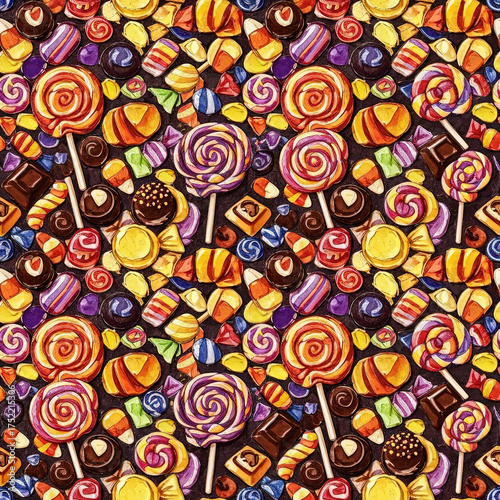 Colorful, vibrant, seamless pattern of Halloween candies, lollipops and sweet Treats, in festive Halloween colors, perfect for product packaging, party decor and kids apparel