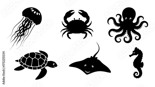 Black and White Marine Life Silhouettes Vector Illustration Set on White