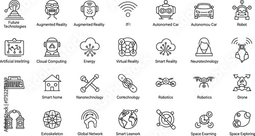 Future technologies, innovation, artificial intelligence, robotics, augmented reality, virtual reality, smart home, drone, nanotechnology icons, black and white vector set, outline