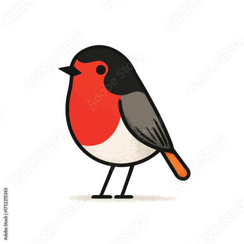 Adorable cartoon robin bird illustration with a vibrant red breast, black head, and grey wings in a minimalist flat design style.
