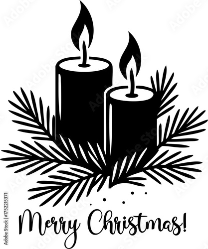 Black and white Christmas illustration with two burning candles and pine branches, elegant festive vector line art, minimal holiday composition with copy space for winter greeting design