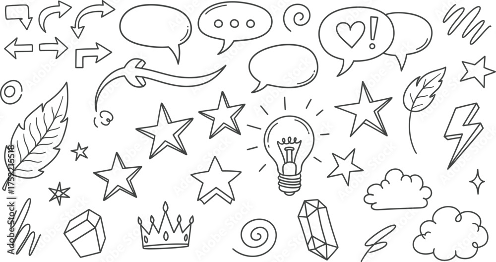 Obraz premium Black Line Art Doodle Design with Arrows, Speech Bubbles, Stars and Crown Elements