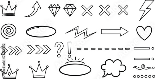 Black Outline Doodle Elements, Arrow, Crown, Diamond, Heart, Lightning, Shape and Spiral