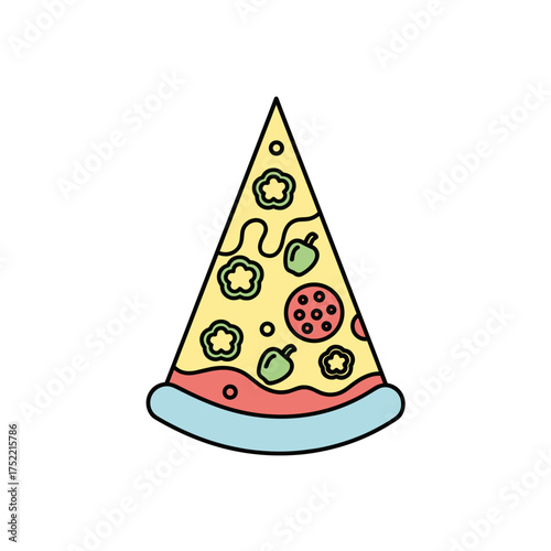 Colorful cartoon pizza slice with toppings and blue crust  