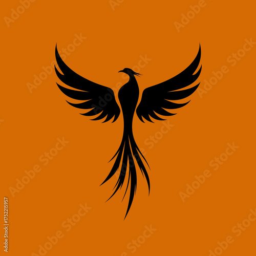 Majestic black phoenix bird silhouette with outstretched wings on a vibrant orange background, symbolizing rebirth, strength, and triumph.