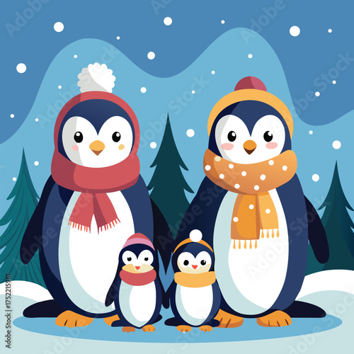 Adorable penguin family wearing scarves in snowy winter landscape, cute animal vector illustration for Christmas cards, kids’ holiday art, and festive winter design.