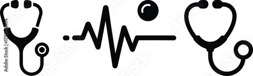 Medical Icons Stethoscope Heartbeat and Pill on White